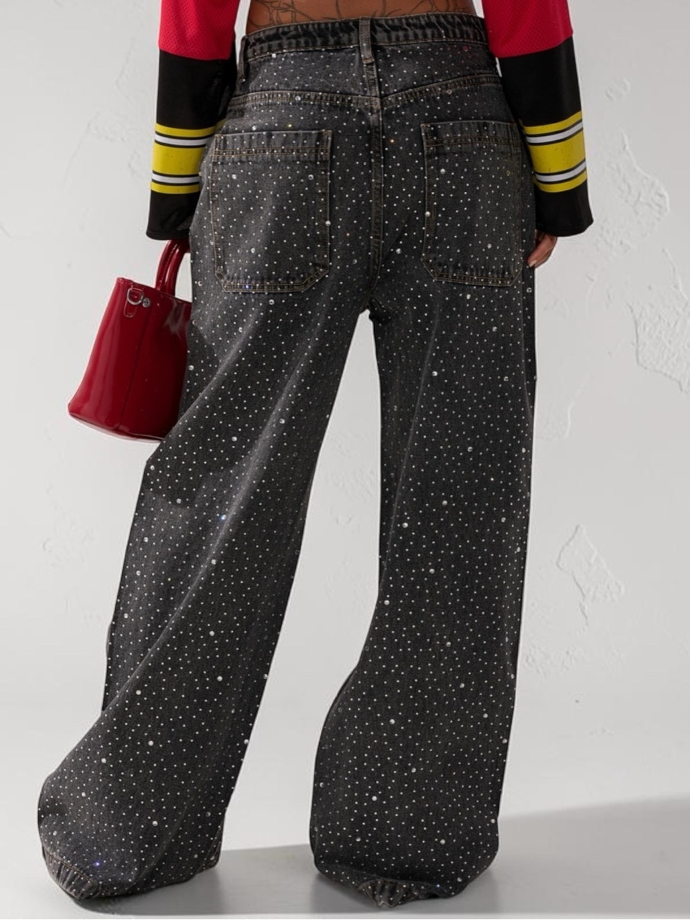 🔥🔥AKIRA Black Wide-Leg Jeans with All-Over Silver Rhinestones - Picture 3 of 10